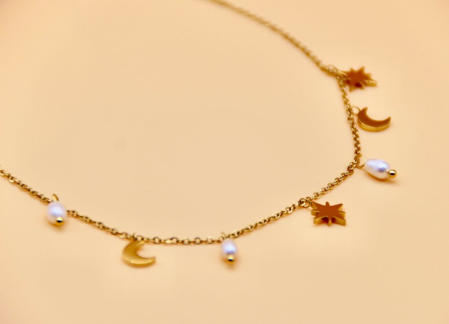 Moon and star pearl gold charm necklace