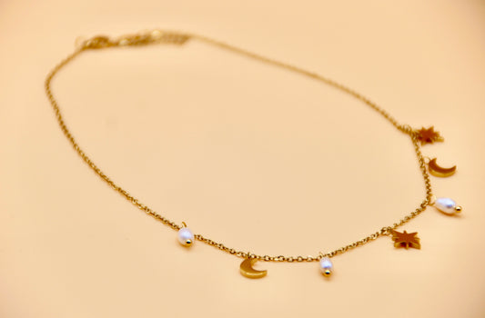 Moon and star pearl gold charm necklace