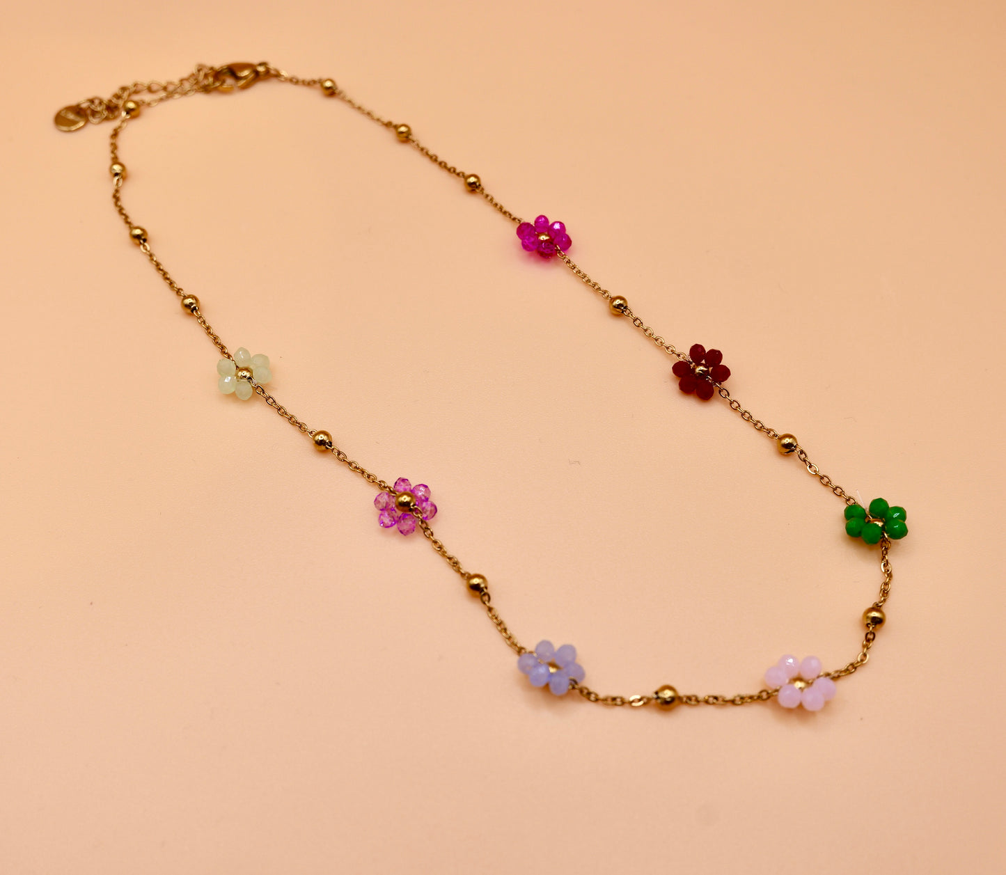 Beaded flower gold charm necklace