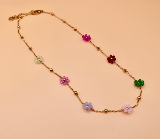 Beaded flower gold charm necklace