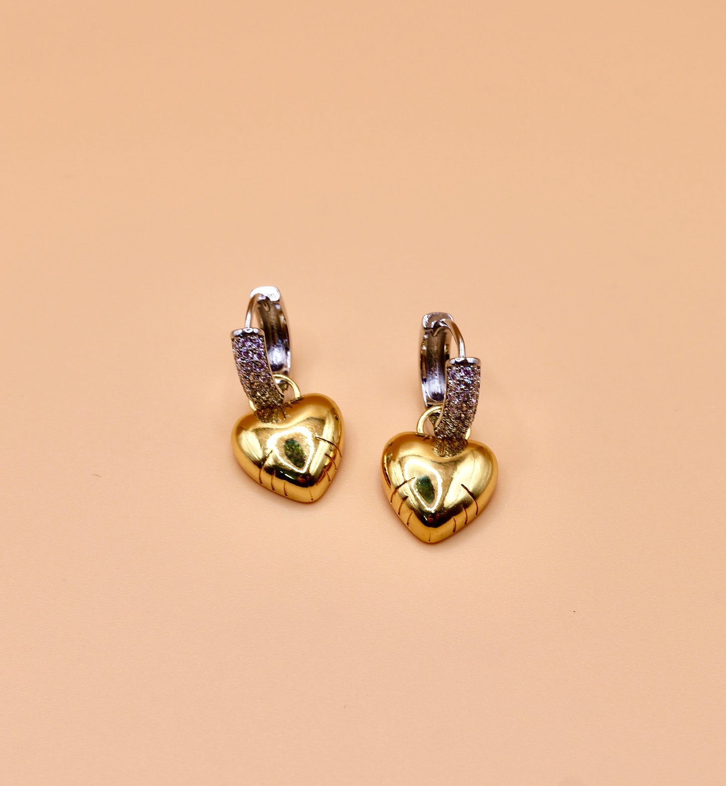 "Marty" Huggie Heart earrings in gold and silver